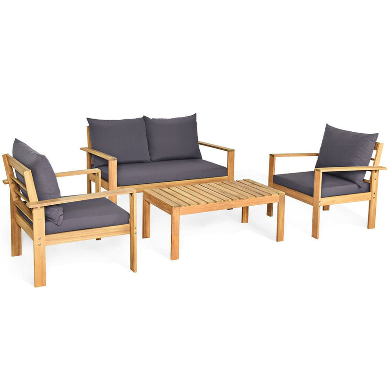 4 Pieces Outdoor Acacia Wood Chat Set with Removable Cushions and Table - Relaxacare
