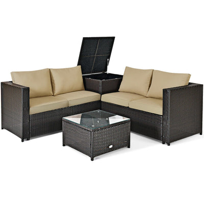 4 Pieces Outdoor Patio Rattan Furniture Set with Cushioned Loveseat and Storage Box-Brown - Relaxacare