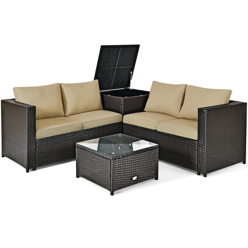 4 Pieces Outdoor Patio Rattan Furniture Set with Cushioned Loveseat and Storage Box-Brown - Relaxacare