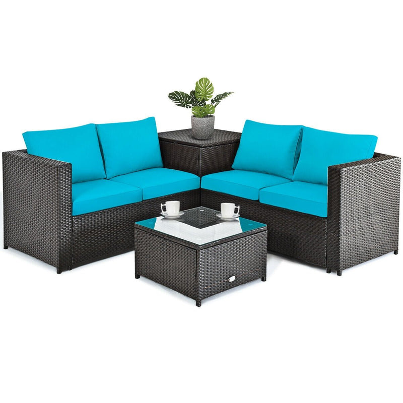 4 Pieces Outdoor Patio Rattan Furniture Set with Cushioned Loveseat and Storage Box-Turquoise - Relaxacare