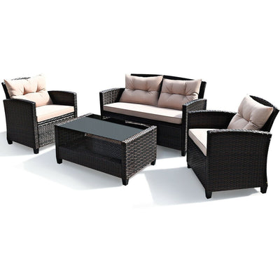 4 Pieces Outdoor Rattan Armrest Furniture Set Table with Lower Shelf - Relaxacare