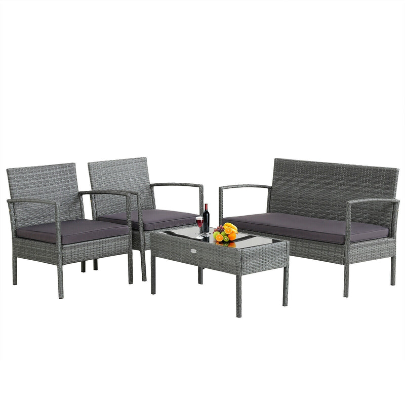 4 Pieces Outdoor Rattan Conversation Set with Comfortable Cushion - Relaxacare