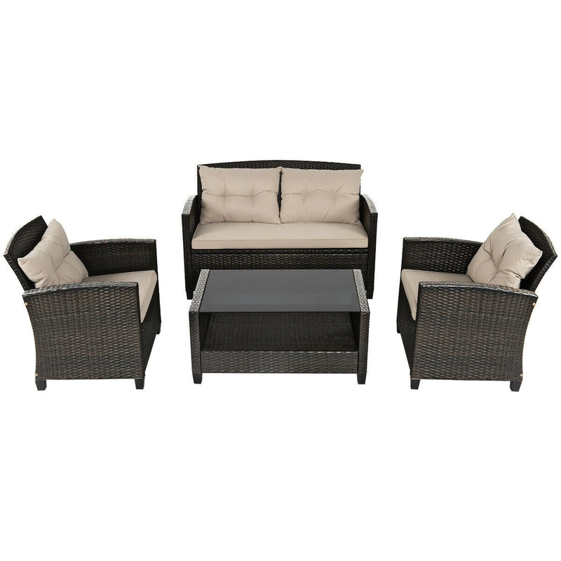 4 Pieces Outdoor Rattan Furniture Set with Glass Table - Relaxacare