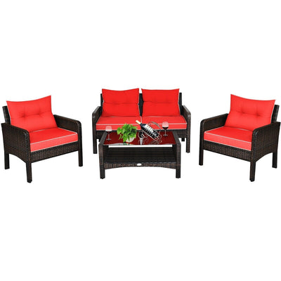 4 Pieces Outdoor Rattan Wicker Furniture Set with Cushions - Relaxacare