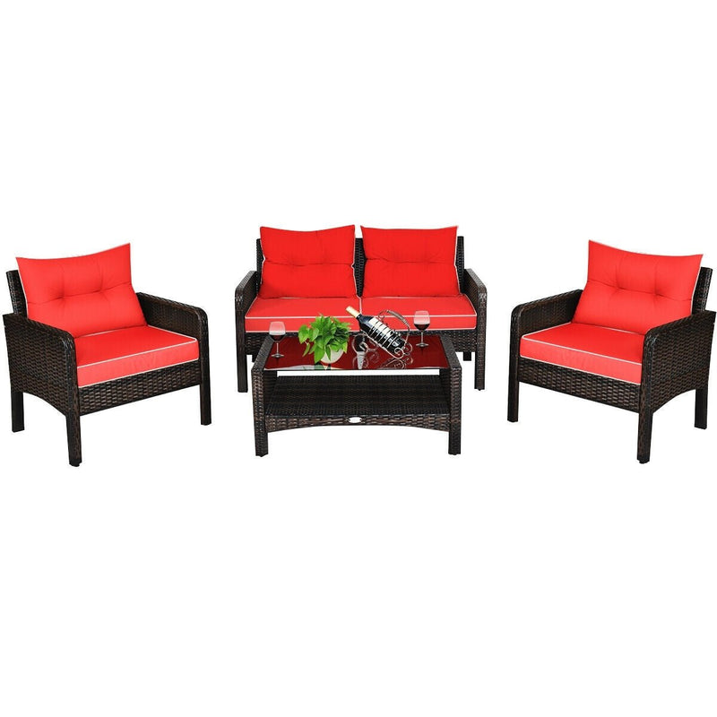 4 Pieces Outdoor Rattan Wicker Furniture Set with Cushions - Relaxacare