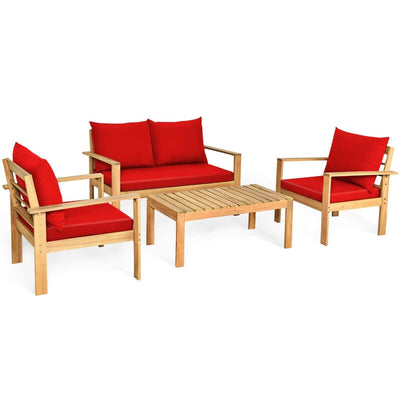4 Pieces Patio Acacia Wood Thick Cushion Loveseat Sofa Set-Red - Relaxacare