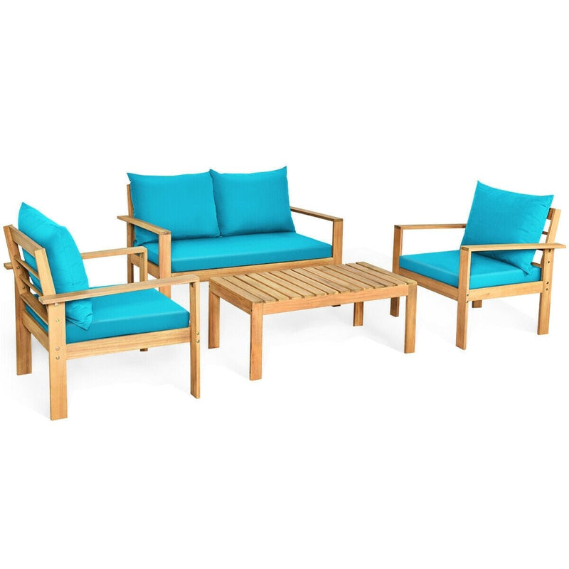 4 Pieces Patio Acacia Wood Thick Cushion Loveseat Sofa Set-Turquoise - Relaxacare