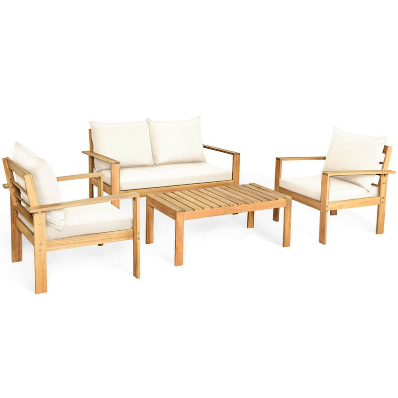 4 Pieces Patio Acacia Wood Thick Cushion Loveseat Sofa Set-White - Relaxacare