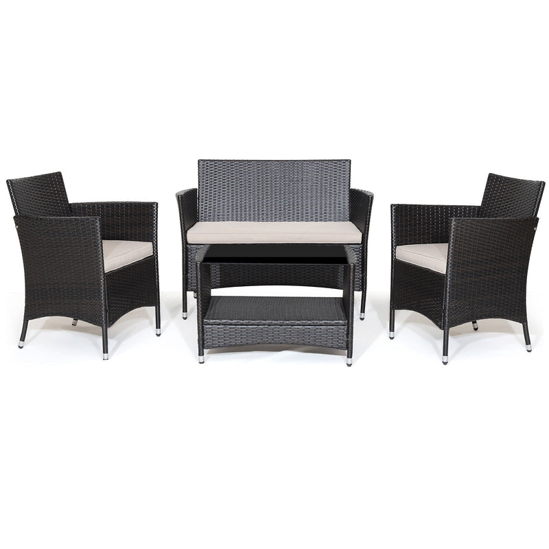 4 Pieces Patio Conversation Set with Soft Cushions and Tempered Glass Tabletop - Relaxacare