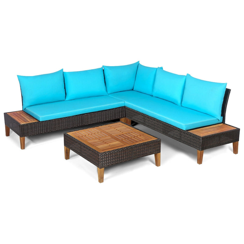 4 Pieces Patio Cushioned Rattan Furniture Set with Wooden Side Table-Turquoise - Relaxacare