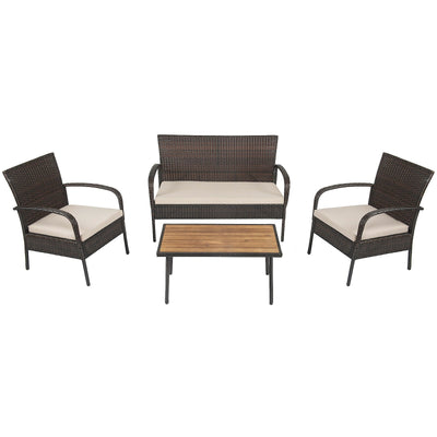 4 Pieces Patio Cushioned Wicker Conversation Set with Acacia Wood Tabletop - Relaxacare