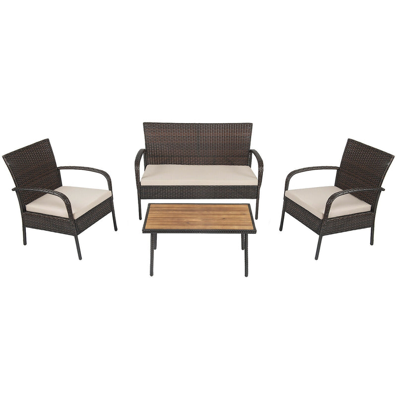 4 Pieces Patio Cushioned Wicker Conversation Set with Acacia Wood Tabletop - Relaxacare