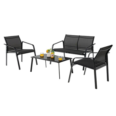 4 Pieces Patio Furniture Set with Armrest Loveseat Sofas and Glass Table Deck - Relaxacare