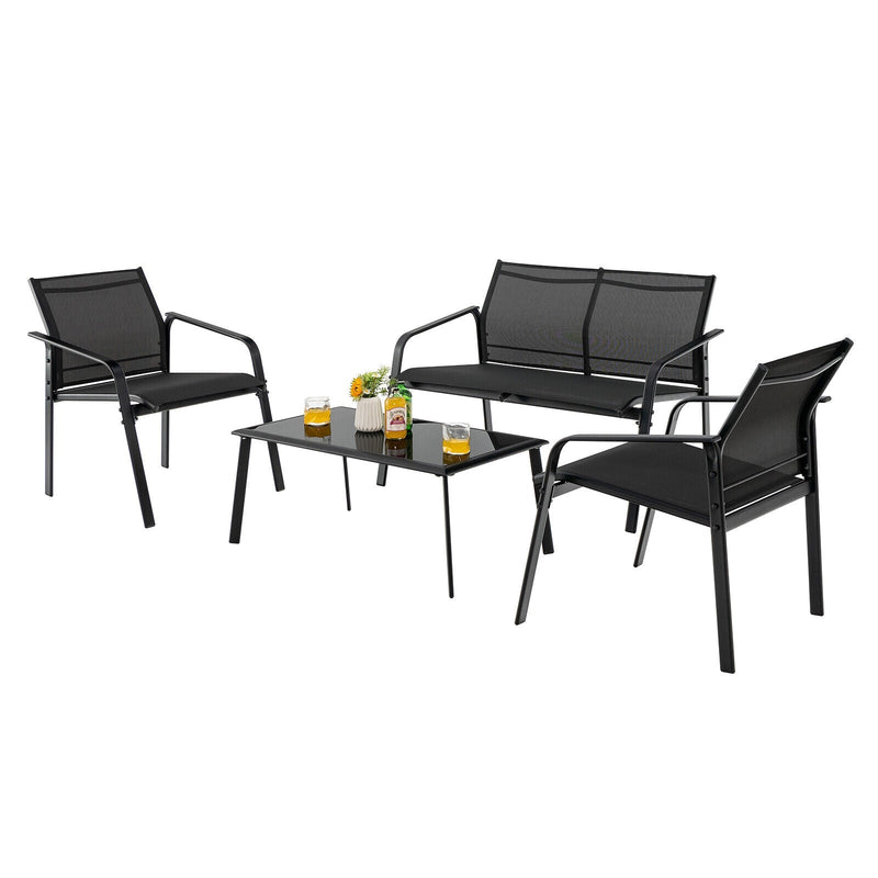4 Pieces Patio Furniture Set with Armrest Loveseat Sofas and Glass Table Deck - Relaxacare