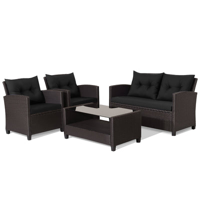 4 Pieces Patio Rattan Conversation Furniture Set with Glass Top Coffee Table - Relaxacare
