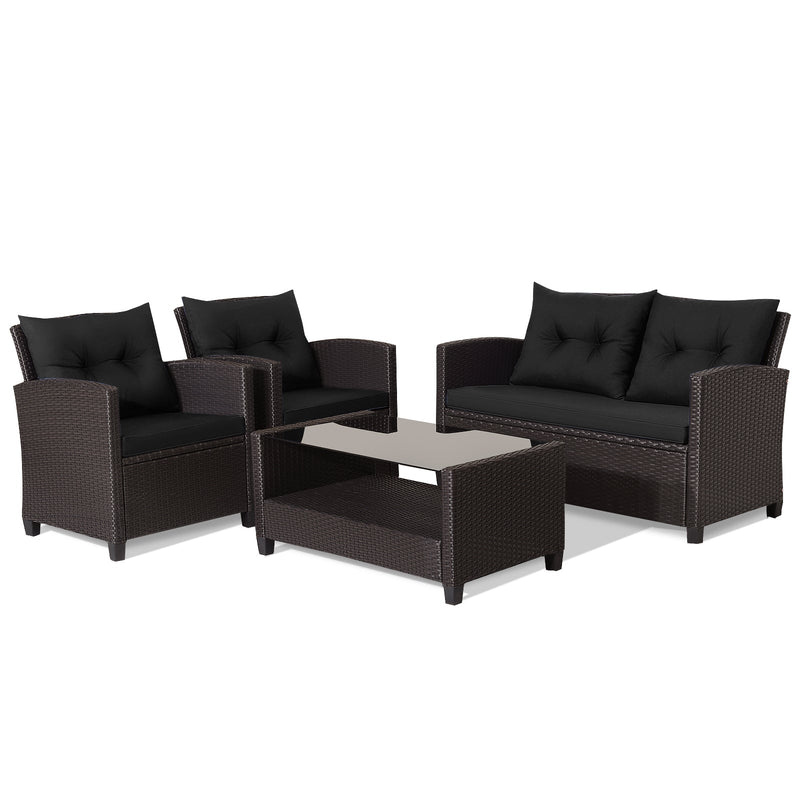 4 Pieces Patio Rattan Conversation Furniture Set with Glass Top Coffee Table - Relaxacare