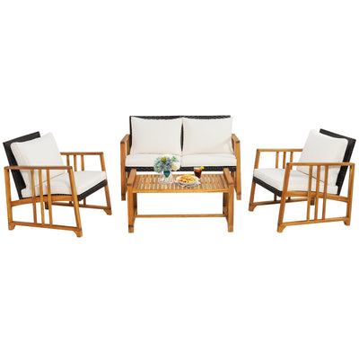 4 Pieces Patio Rattan Conversation Set with Seat and Back Cushions - Relaxacare