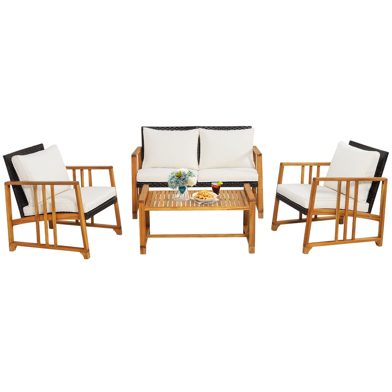 4 Pieces Patio Rattan Conversation Set with Seat and Back Cushions - Relaxacare