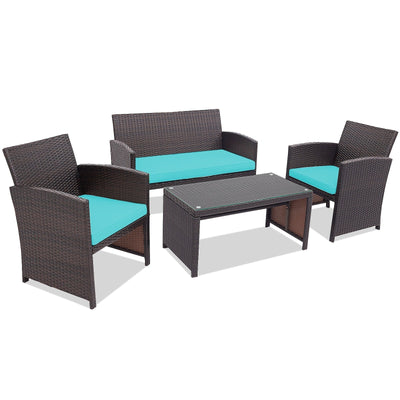 4 Pieces Patio Rattan Cushioned Furniture Set-Turquoise - Relaxacare