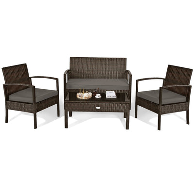 4 Pieces Patio Rattan Cushioned Furniture Set with Loveseat and Table - Relaxacare