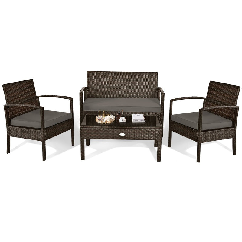 4 Pieces Patio Rattan Cushioned Furniture Set with Loveseat and Table - Relaxacare