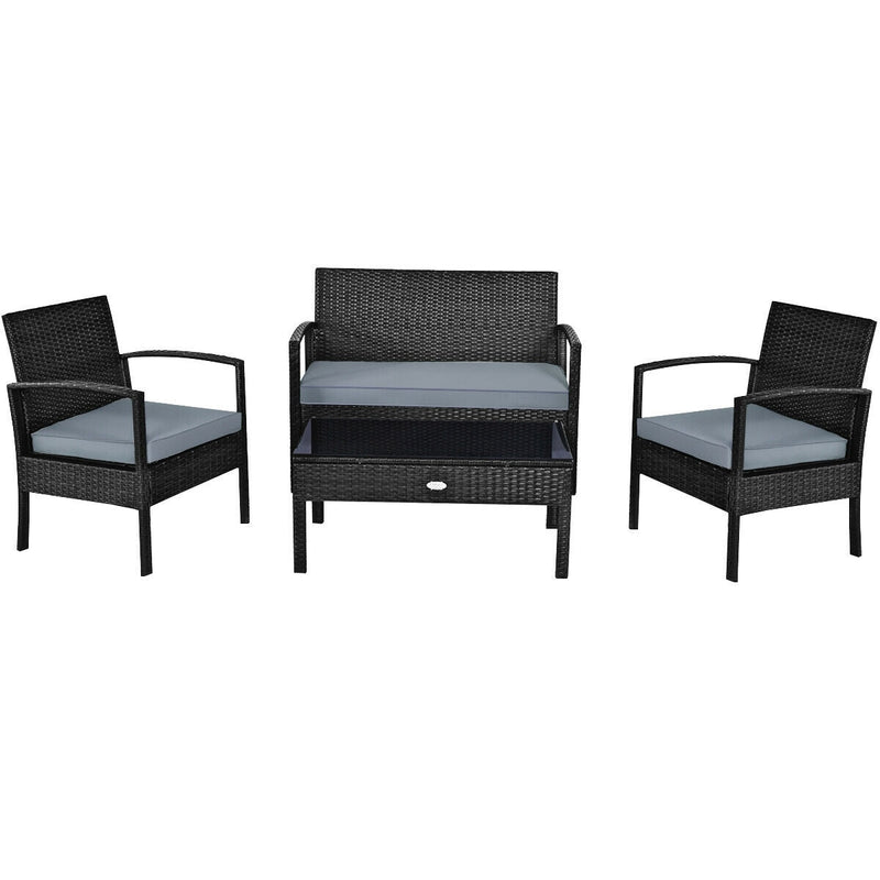 4 Pieces Patio Rattan Cushioned Furniture Set with Loveseat and Table-Black - Relaxacare