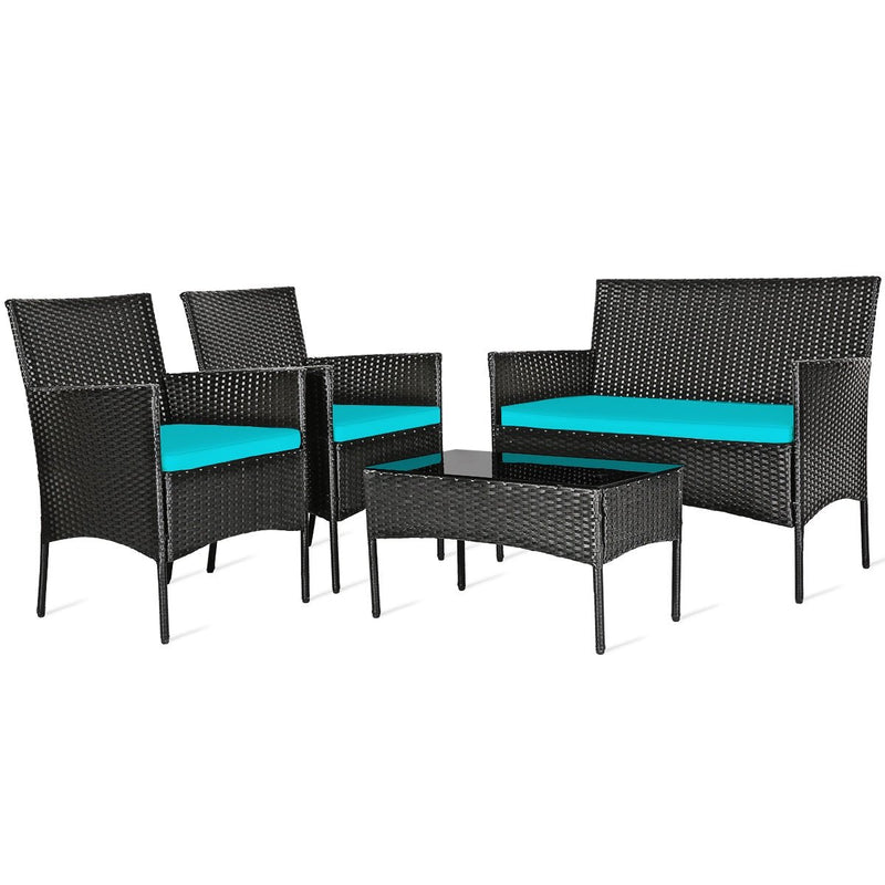 4 Pieces Patio Rattan Cushioned Sofa Set with Tempered Glass Coffee Table - Relaxacare