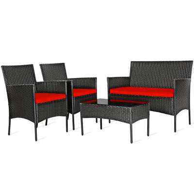 4 Pieces Patio Rattan Cushioned Sofa Set with Tempered Glass Coffee Table-Red - Relaxacare