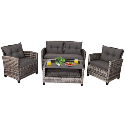 4 Pieces Patio Rattan Furniture Set Coffee Table Cushioned Sofa - Relaxacare
