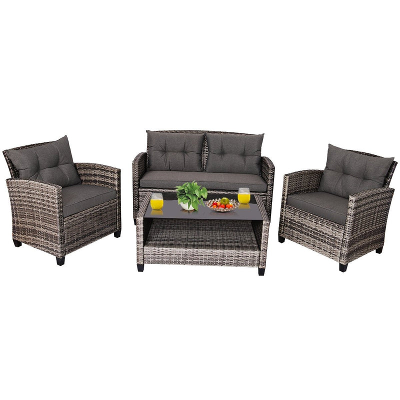 4 Pieces Patio Rattan Furniture Set Coffee Table Cushioned Sofa - Relaxacare