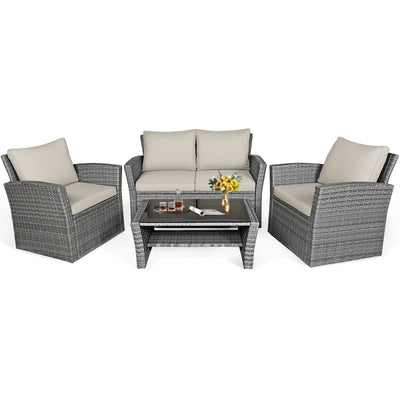 4 Pieces Patio Rattan Furniture Set Sofa Table with Storage Shelf Cushion-Beige - Relaxacare