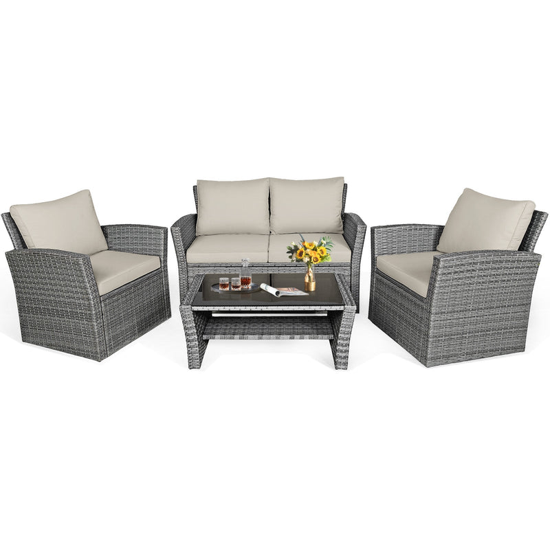 4 Pieces Patio Rattan Furniture Set Sofa Table with Storage Shelf Cushion-Beige - Relaxacare