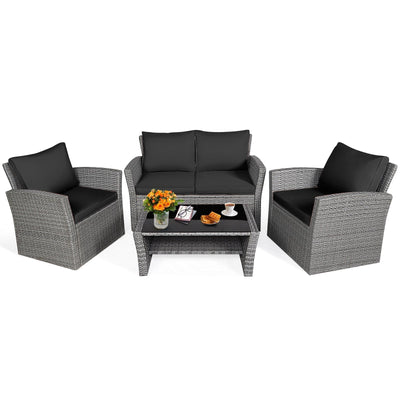 4 Pieces Patio Rattan Furniture Set Sofa Table with Storage Shelf Cushion-Black - Relaxacare