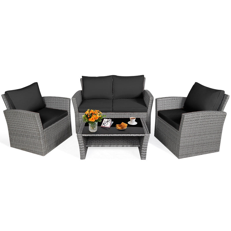 4 Pieces Patio Rattan Furniture Set Sofa Table with Storage Shelf Cushion-Black - Relaxacare