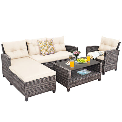 4 Pieces Patio Rattan Furniture Set with Cushion and Table Shelf - Relaxacare