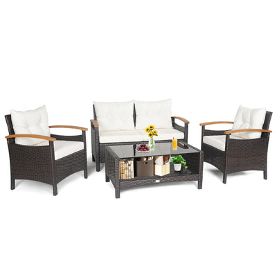 4 Pieces Patio Rattan Furniture Set with Cushioned Sofa and Storage Table - Relaxacare