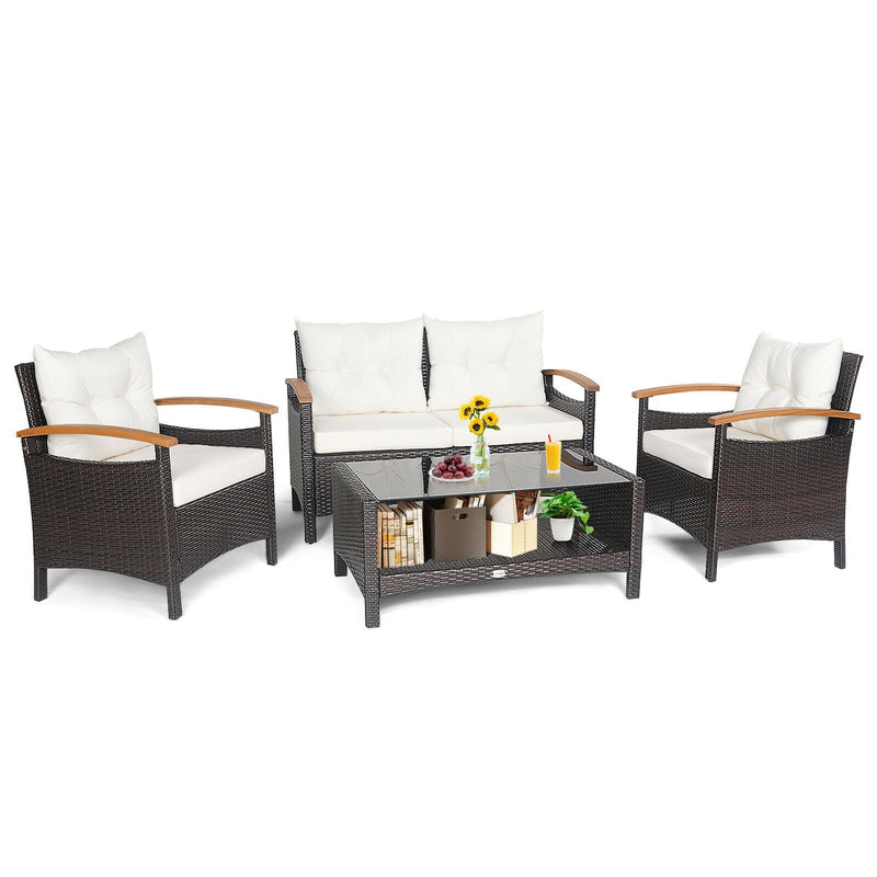 4 Pieces Patio Rattan Furniture Set with Cushioned Sofa and Storage Table - Relaxacare