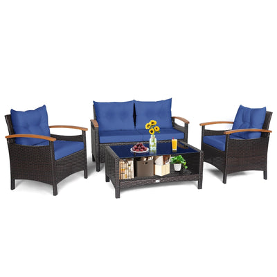4 Pieces Patio Rattan Furniture Set with Cushioned Sofa and Storage Table-Navy - Relaxacare