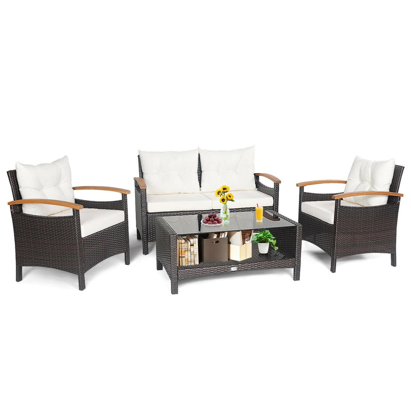 4 Pieces Patio Rattan Furniture Set with Cushioned Sofa and Storage Table-White - Relaxacare
