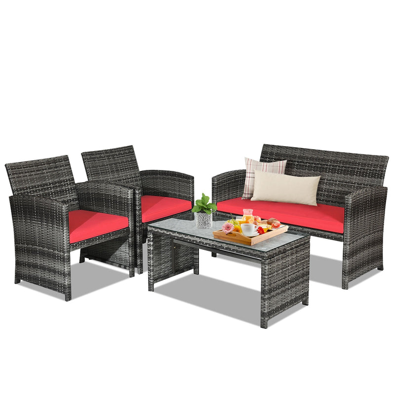 4 Pieces Patio Rattan Furniture Set with Cushions-Red - Relaxacare