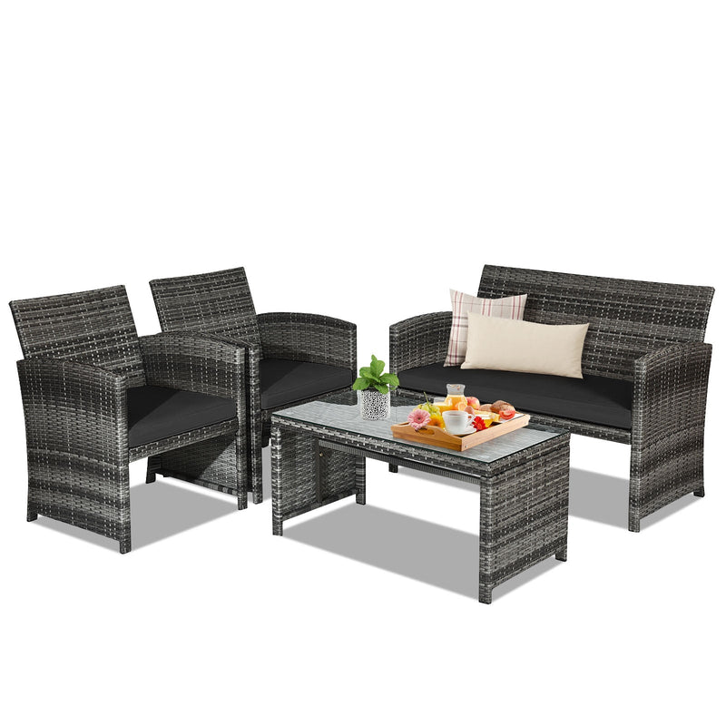 4 Pieces Patio Rattan Furniture Set with Glass Table and Loveseat-Black - Relaxacare