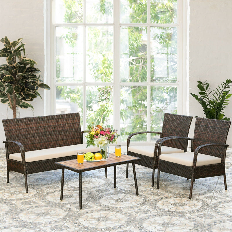 4 Pieces Patio Rattan Outdoor Conversation Set with Cushions - Relaxacare