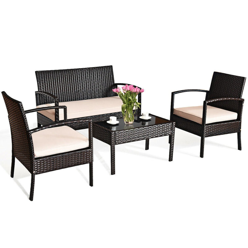 4 Pieces Patio Ratten Conversation Set with Loveseat Sofas and Coffee Table - Relaxacare
