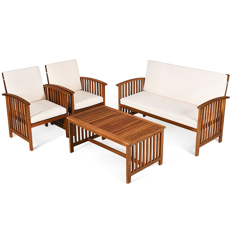 4 Pieces Patio Solid Wood Furniture Set with Water Resistant Cushions - Relaxacare