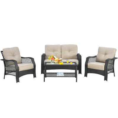 4 Pieces Patio Wicker Furniture Set Loveseat Sofa Coffee Table with Cushion-Beige - Relaxacare