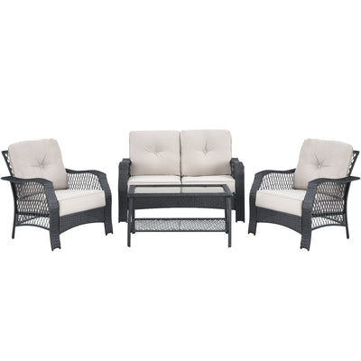 4 Pieces Patio Wicker Furniture Set with Coffee Table and Cushions - Relaxacare