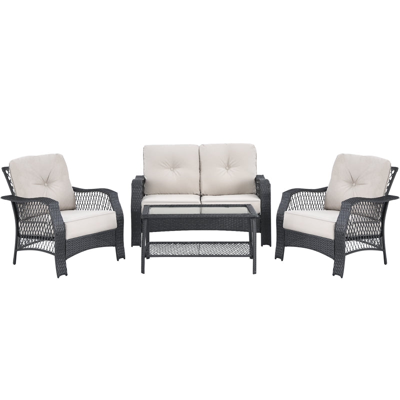 4 Pieces Patio Wicker Furniture Set with Coffee Table and Cushions - Relaxacare