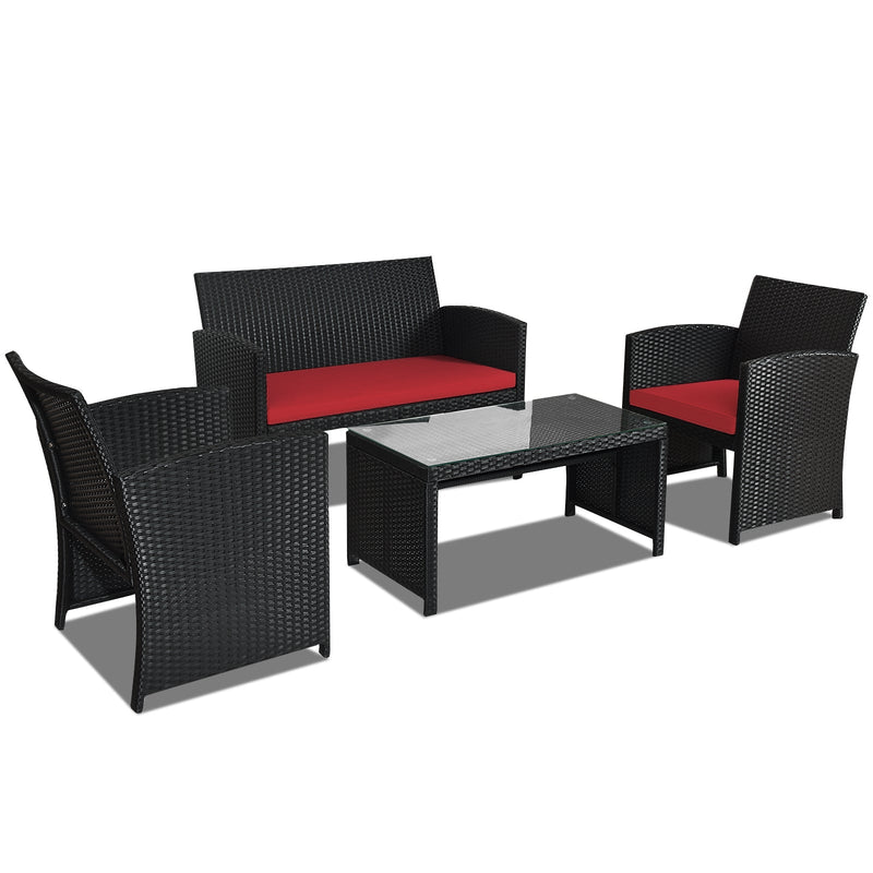 4 Pieces Rattan Patio Furniture Set with Weather Resistant Cushions and Tempered Glass Tabletop - Relaxacare