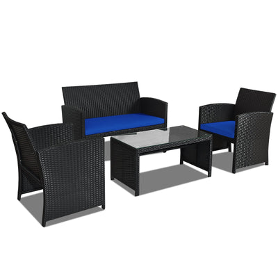 4 Pieces Rattan Patio Furniture Set with Weather Resistant Cushions and Tempered Glass Tabletop-Navy - Relaxacare