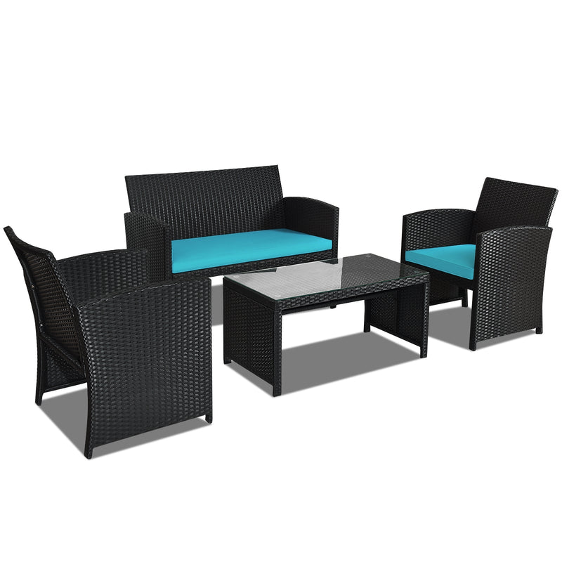 4 Pieces Rattan Patio Furniture Set with Weather Resistant Cushions and Tempered Glass Tabletop-Turquoise - Relaxacare